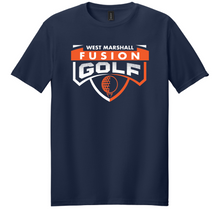 Load image into Gallery viewer, Navy blue t-shirt with West Marshall Fusion Golf logo on a white background