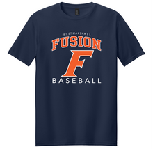 Load image into Gallery viewer, Navy blue t-shirt with 'Fusion Baseball' text and logo on a white background