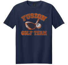 Load image into Gallery viewer, Navy blue t-shirt with 'Fusion Golf Team' text and graphics on a white background