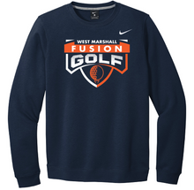Load image into Gallery viewer, Navy sweatshirt with 'West Marshall Fusion Golf' logo on a white background