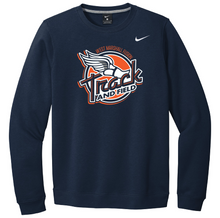 Load image into Gallery viewer, Navy sweatshirt with track and field logo on a white background
