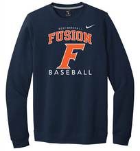 Load image into Gallery viewer, Navy sweatshirt with 'Fusion Baseball' text and logo on a white background
