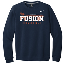 Load image into Gallery viewer, Navy sweatshirt with 'Fusion Tracks &amp; Field' text and Nike logo on a white background