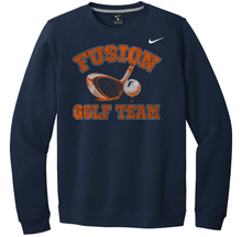 Load image into Gallery viewer, Navy sweatshirt with 'Fusion Golf Team' text and logo on a white background