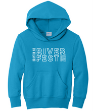 Load image into Gallery viewer, Blue hoodie with 'River Fest' text on a white background