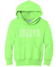Load image into Gallery viewer, Neon green hoodie with 'River Fest' text on a white background