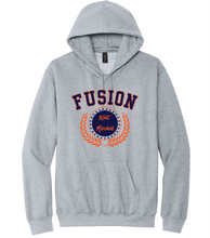 Load image into Gallery viewer, Gray hoodie with 'Fusion' text and design on a white background