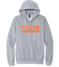 Load image into Gallery viewer, Gray hoodie with 'Fusion West Marshall' text on a white background