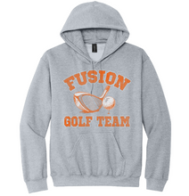 Load image into Gallery viewer, Gray hoodie with 'Fusion Golf Team' text and graphics on a white background