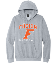 Load image into Gallery viewer, Gray hoodie with 'Fusion Baseball' text and logo on a white background