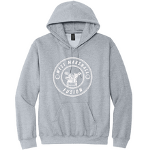 Load image into Gallery viewer, Gray hoodie with a white logo on a white background