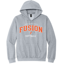 Load image into Gallery viewer, Gray hoodie with 'Fusion Softball' text on a white background