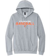 Load image into Gallery viewer, Gray hoodie with 'Fusion Baseball' logo on a white background