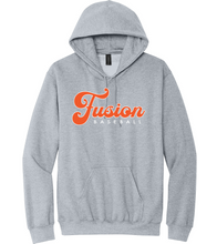 Load image into Gallery viewer, Gray hoodie with 'Fusion Baseball' text on a white background