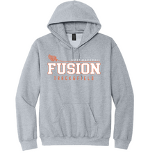 Load image into Gallery viewer, Gray hoodie with 'Fusion Track &amp; Field' text and logo on a white background