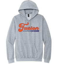 Load image into Gallery viewer, Gray hoodie with 'Fusion Baseball' text on a white background