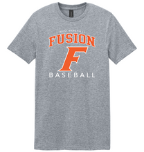 Load image into Gallery viewer, Gray t-shirt with orange and white text and logo on a white background