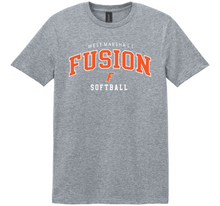 Load image into Gallery viewer, Gray t-shirt with 'Fusion Softball' text on a white background