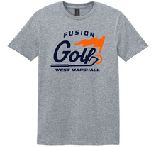 Load image into Gallery viewer, Gray t-shirt with 'Fusion Golf West Marshall' logo on a white background