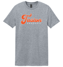 Load image into Gallery viewer, Gray t-shirt with 'Fusion Baseball' text in orange on a white background