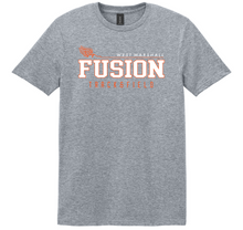 Load image into Gallery viewer, Gray t-shirt with 'Fusion' text and logo on a white background