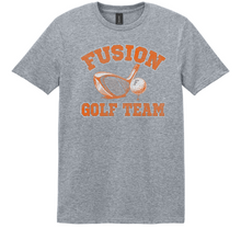 Load image into Gallery viewer, Gray t-shirt with 'Fusion Golf Team' text and graphics on a white background