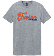 Load image into Gallery viewer, Gray t-shirt with 'Fusion Baseball' text on a white background