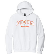 Load image into Gallery viewer, White hoodie with 'Fusion Track &amp; Field' text on a white background