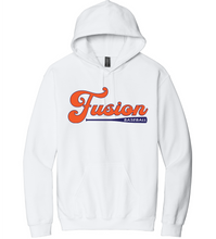 Load image into Gallery viewer, White hoodie with 'Fusion Baseball' text on a white background