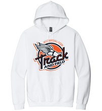 Load image into Gallery viewer, White hoodie with track and field logo on a white background