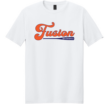 Load image into Gallery viewer, White t-shirt with 'Fusion Baseball' text on a white background