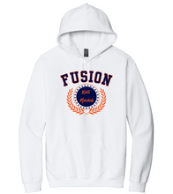 Load image into Gallery viewer, White hoodie with 'Fusion' logo on a white background