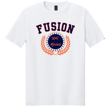 Load image into Gallery viewer, White t-shirt with 'Fusion' text and design on a white background