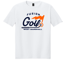 Load image into Gallery viewer, White t-shirt with 'Fusion Golf West Marshall' logo on a white background