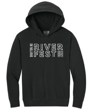 Load image into Gallery viewer, Black hoodie with 'River Fest' text on a white background