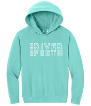 Load image into Gallery viewer, Teal hoodie with 'River Fest' text on a white background