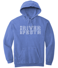 Load image into Gallery viewer, Blue hoodie with 'River Fest' text on a white background