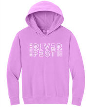 Load image into Gallery viewer, Purple hoodie with 'River Fest' text on a white background