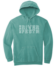 Load image into Gallery viewer, Teal hoodie with 'Dayton River Fest' text on a white background