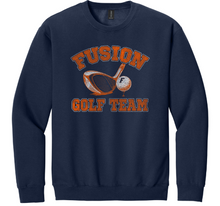 Load image into Gallery viewer, Navy blue sweatshirt with 'Fusion Golf Team' text and graphics on a white background