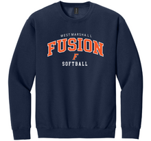 Load image into Gallery viewer, Navy sweatshirt with 'Fusion Softball' text on a white background