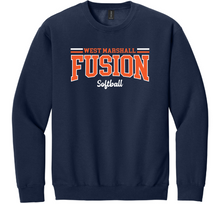 Load image into Gallery viewer, Navy sweatshirt with 'West Marshall Fusion Softball' text on a white background