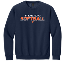 Load image into Gallery viewer, Navy sweatshirt with 'Fusion Softball' text on a white background
