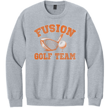 Load image into Gallery viewer, Gray sweatshirt with 'Fusion Golf Team' text and graphics on a white background