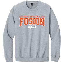 Load image into Gallery viewer, Gray sweatshirt with 'West Marshall Fusion Softball' text on a white background