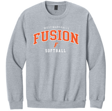 Load image into Gallery viewer, Gray sweatshirt with 'Fusion' and 'West Marshall Softball' text on a white background