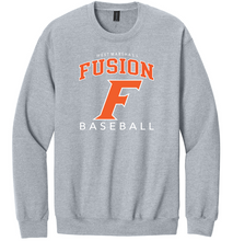 Load image into Gallery viewer, Gray sweatshirt with 'Fusion Baseball' text and logo on a white background