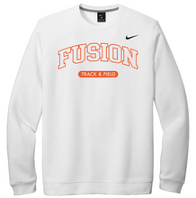 Load image into Gallery viewer, White sweatshirt with 'Fusion Track &amp; Field' text and Nike logo on a white background