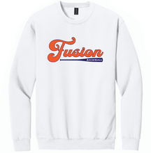 Load image into Gallery viewer, White sweatshirt with 'Fusion Baseball' text on a white background