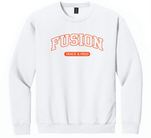 Load image into Gallery viewer, White sweatshirt with 'Fusion Track &amp; Field' text on a white background